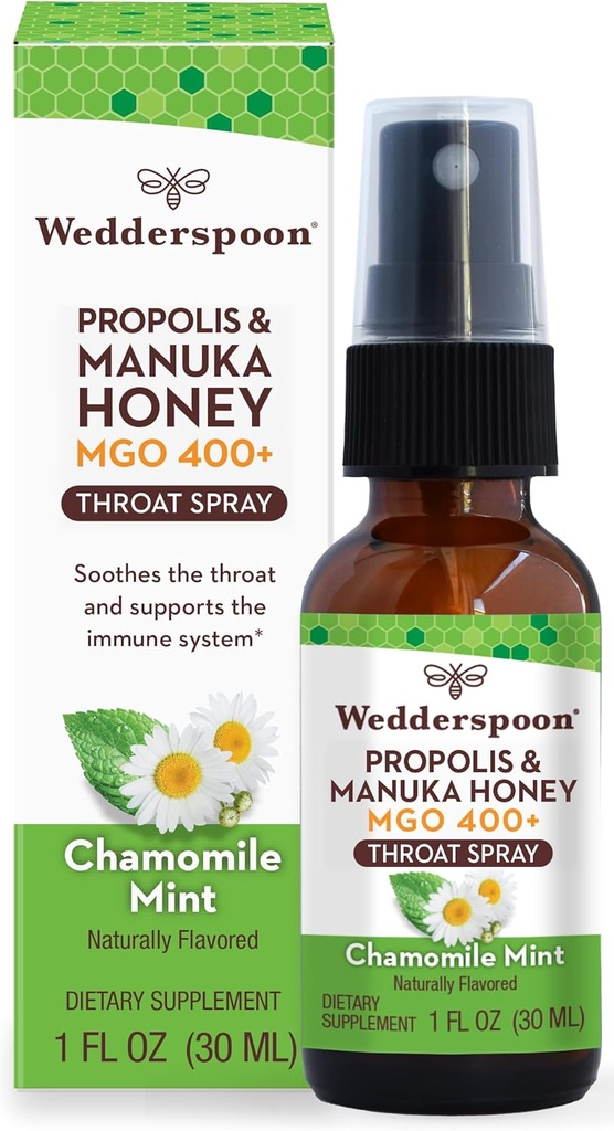 Wedderspoon Propolis i Manuka Honey Throat Spray, Rumianek i mięta, 1 Fl Oz (Pack of 1), Sore Throat Relief, Naturalne wsparcie immunologiczne