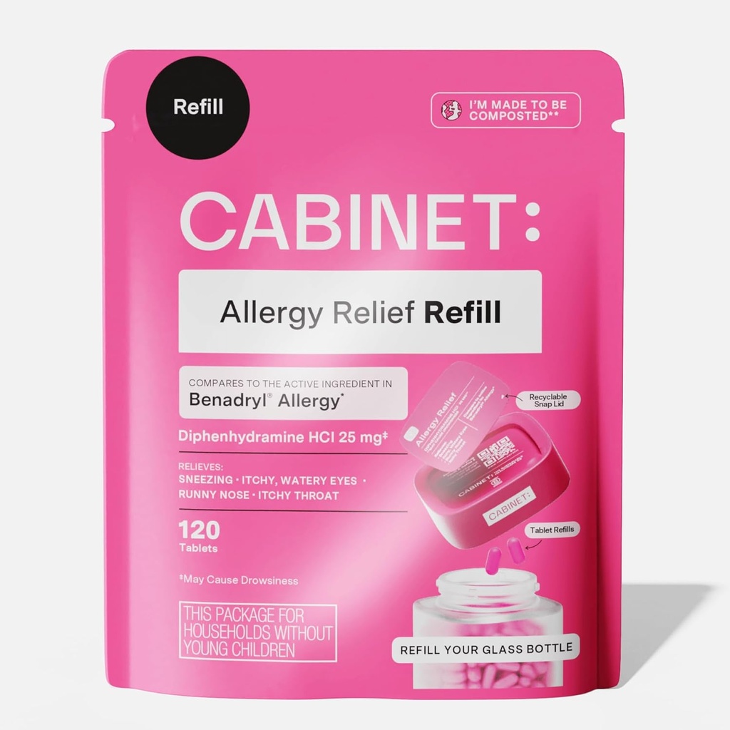 Gabinet: Difenhydramina 25mg Allergy Relief Antihistamine Tablets for alergies, Hay Fever, and Runny Nose, 120 Tablets (Refill Pouch)