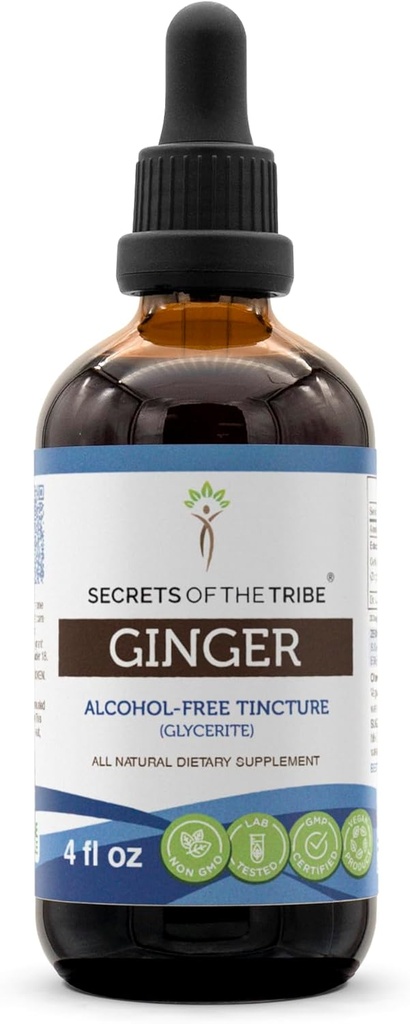 Sekrety Tribe Ginger Tincture Free Alcohol Extract, Ginger (Zingiber officinale) Suszony Root 4 OZ
