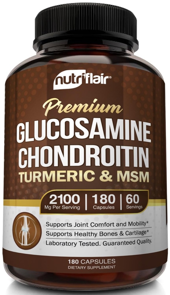 Nutric Flair Glukozamina Chondroitin Turmeric MSM Boswellia, 180 Kapsułki - Joint Comfort Supplement - Natural & Non-GMO - Pigułki przeciwutleniające - Wspomaga Back, Knees, Ręce, Łączniki, Chitlage