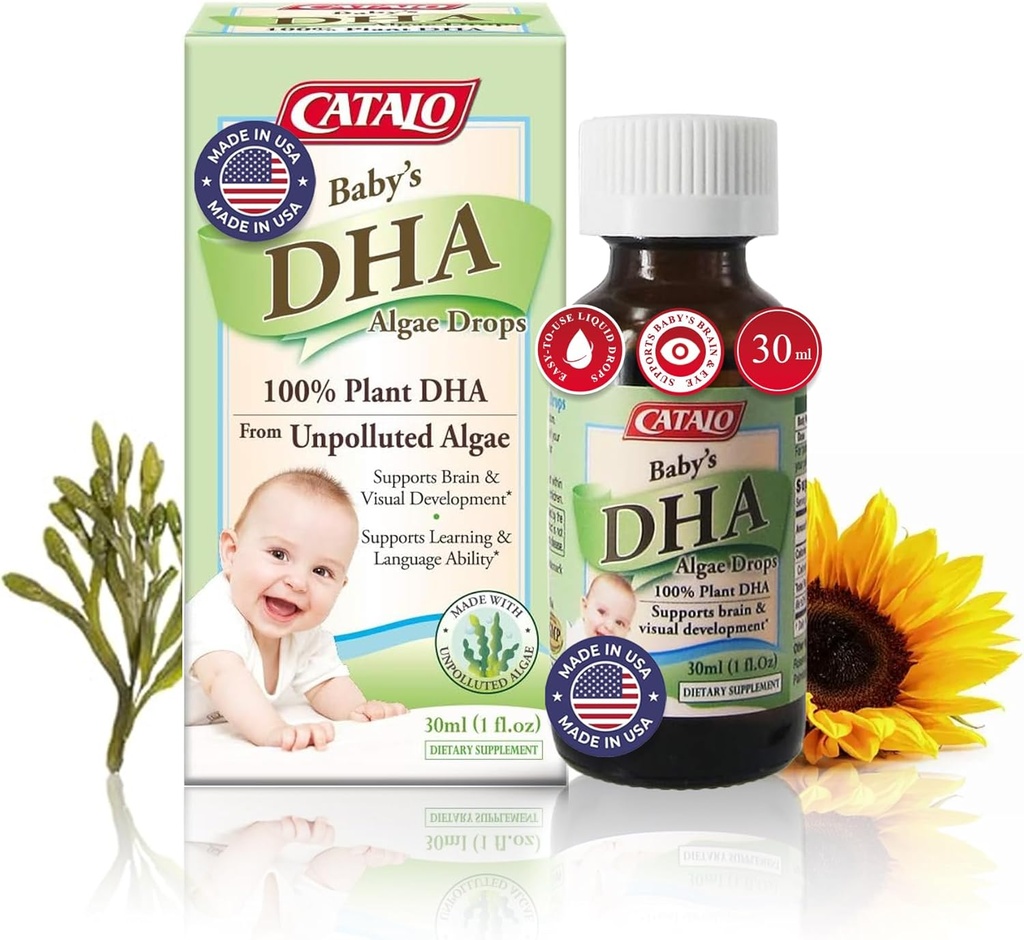 Catalo Baby 's Algae DHA Drops - Suplement Omega- Omega- dla niemowląt - Bez oleju rybnego, Brak sztucznych dodatków - Easy- to- Use Liquid DHA Supplements - 30ml (1 fl oz)