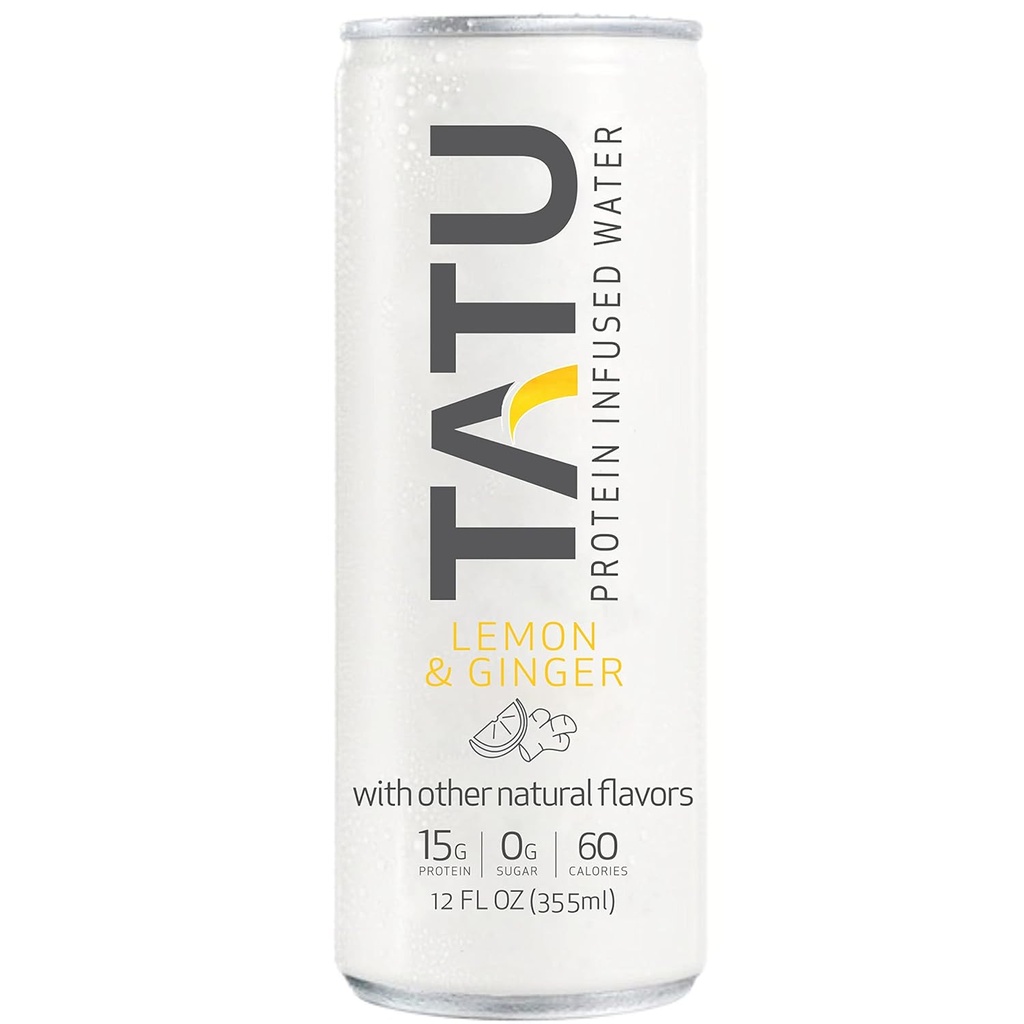 TATU Ready- To- Drink białko Infused wody cytryna imbir 24 Pack. 15 gramów serwatki izolat białka, 0 gramów cukru, tylko 60 kalorii. Lemon Ginger i Orange Mango. Bez glutenu i laktozy.