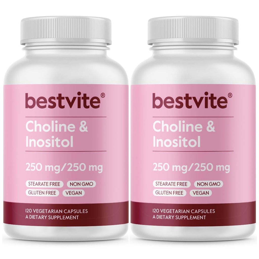 BESTVITE Cholina Inozytol 500mg (240 Kapsułki wegetariańskie) (120 x 2) - Brak stearynianów - Brak fosforanu diwapniowego - Nie Napełniacze - Wegan - Nie GMO - Bez glutenu