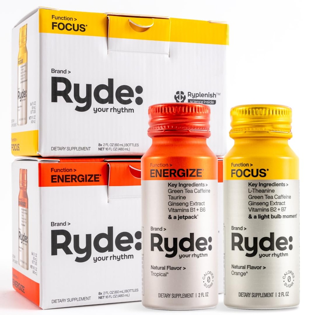 Ryde Shots: 124; Energize + Focus: 124; Essential B Vitamin and Cafeline: 124; Zero Calories, Zero Sugar: 124; opakowanie zawierające 16