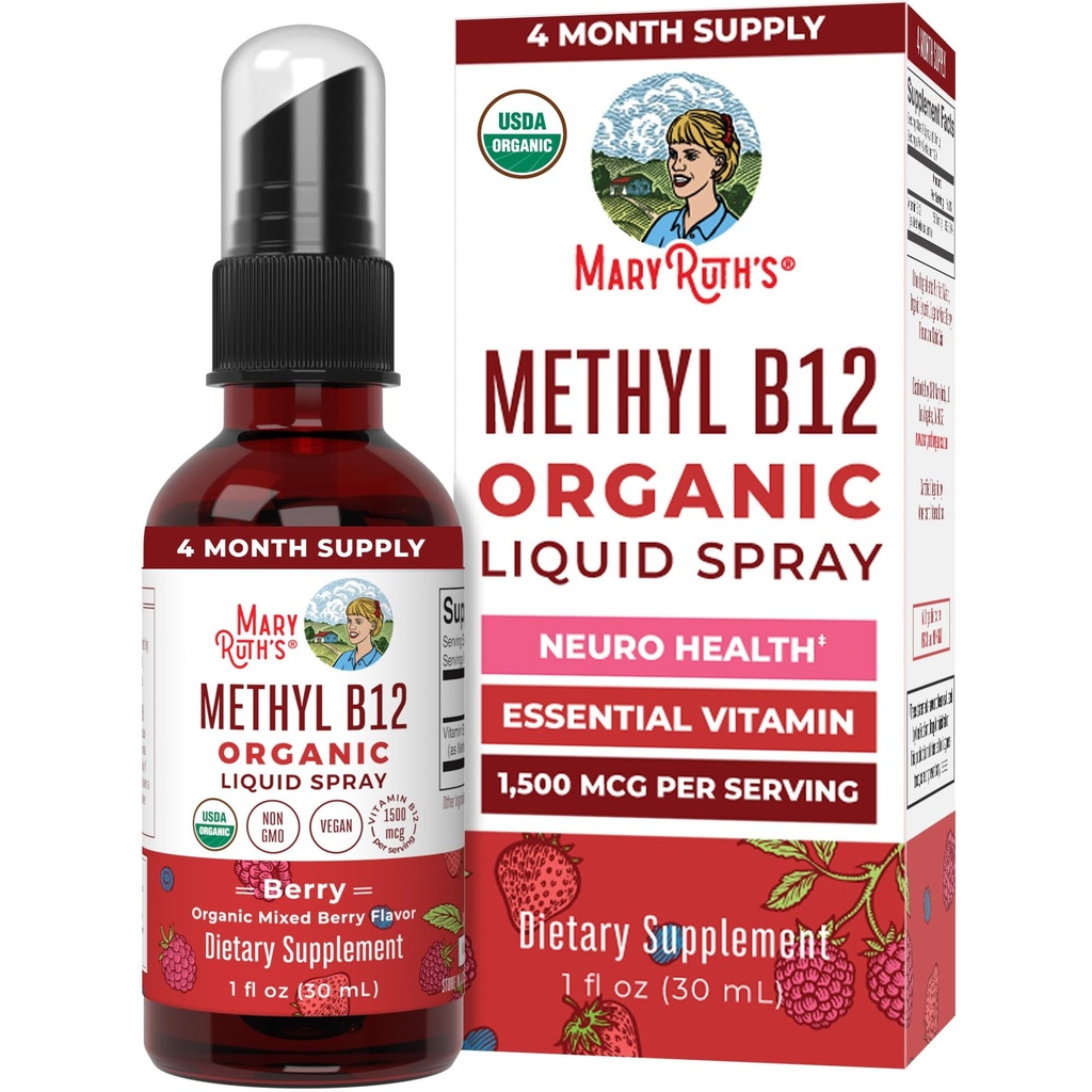 MaryRuth Organic Witamina B12 Rozpylacz płynny 124; Wegan, Non-GMO, Gluten- Free Xion 124; USDA Organic Supplement Agreement 124; Energia i system nerwowy Wsparcie 124; B12 Witaminy dla kobiet i mężczyzn 124; 1500 µg Xiv124; 1 Fl Oz