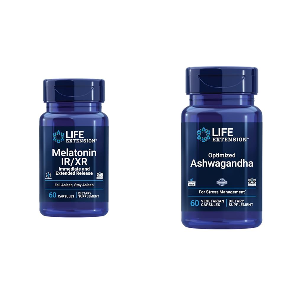 Przedłużenie życia Melatonin IR / XR & Zoptymalizowane Ashwagandha - Sen, Stress Relief, Focus, Pamięć - 60 Kapsułki