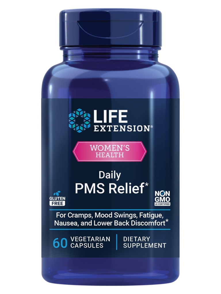 Life Extension Daily PMS Relief, Menstrual Comfort Supplement, skurcze związane z PMS, dolny dyskomfort pleców, nastroje, Ginger, Magnez, B6, Gluten- Free, Non-GMO, 60 Kapsułki