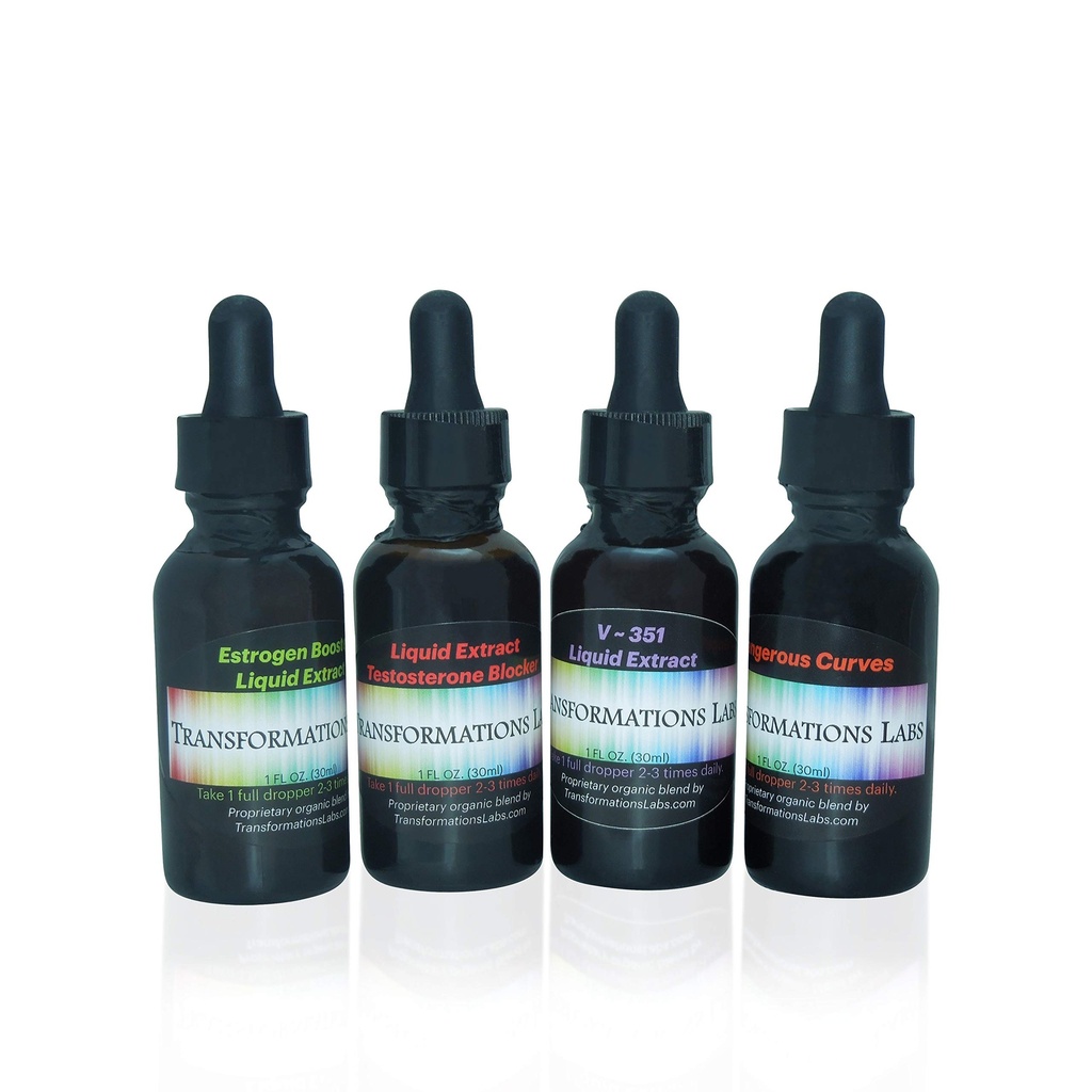 MTF E- Booster, T- Blocker, V ~ 351 Zaawansowany Feminizer & Niebezpieczne Krzywe Synergist, MTF Liquid Extracts 4 Pack Transitioning Transgender Kit!!