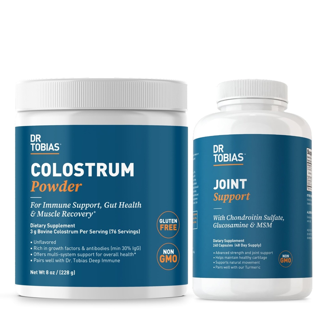 Dr Tobias Joint Supplement and Colostrum Powder - wspomaga wspólną mobilność, zdrowie chrząstki i funkcje immunologiczne - Non-GMO