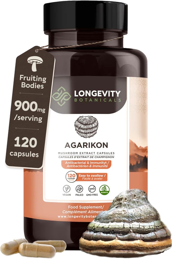 Długowieczność Botaniczne Agarikon ekstrakt z grzybów kapsułki (120) 124; koncentrat 10: 1 Stosunek do 124; 100% Fruiting Ciała 124; Laricifomes Officinalis Suplement do odporności i wsparcia oddechowego