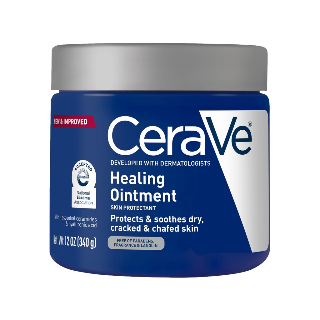 CeraVe Uzdrawiająca Maść, Hydrating Protectant Skin With Petrolatum, Kwas hialuronowy & Ceramidy, Naprawa Barier skóry twarzy i ciała do pęknięcia, Zadarty, Sucha Skóra, Wolny zapach i Lanolin Free, 12 Oz