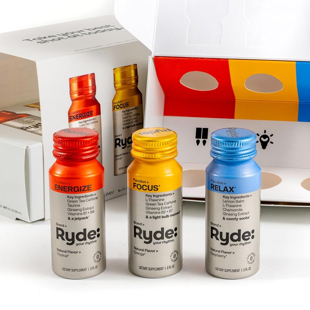 RYDE: Discovery Pack Remote 124; Energize, Focus & Relax Shots Remote 124; Zielona herbata Kofeina, Tauryna, Ginseng, B Witaminy, L- Theanine, Lemon Balm, Rumianek 124; 0 Kalorii, 0 Cukru 124; Odmiana Pack - Wypróbuj je wszystkie (6 Pack)