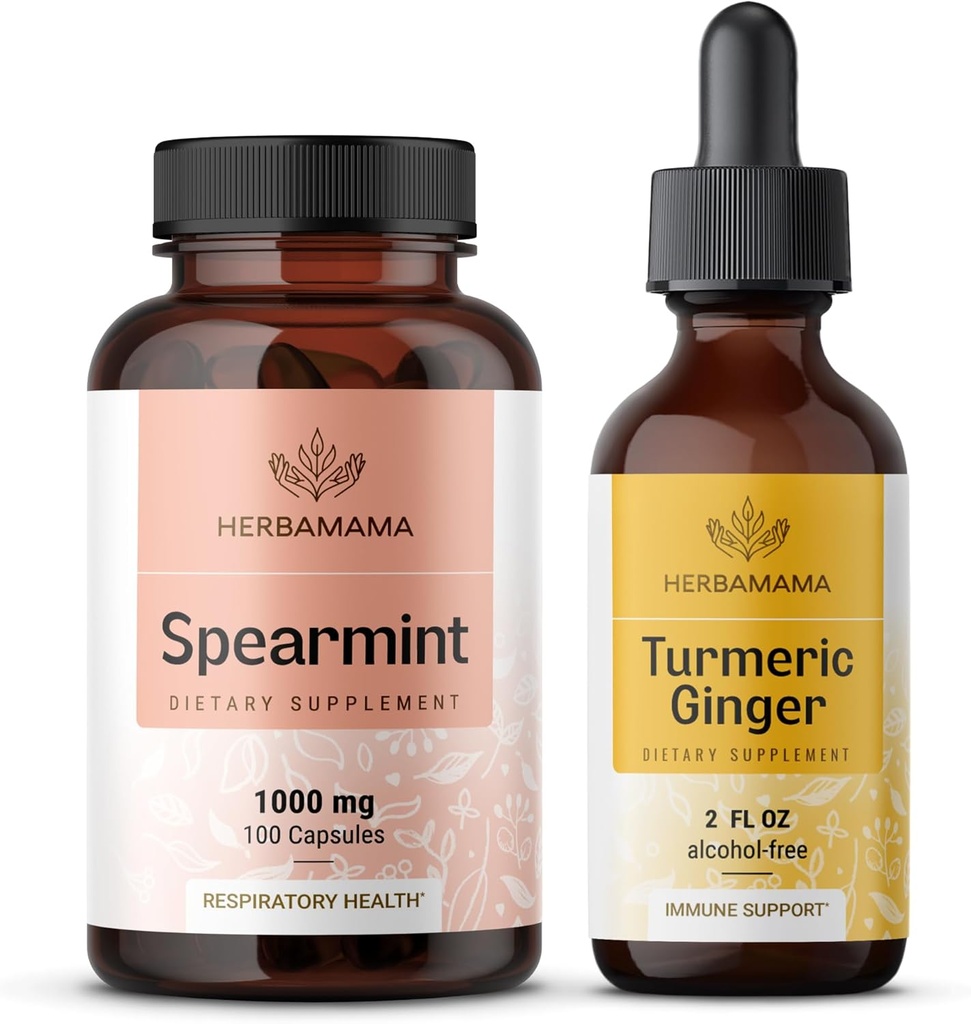 HERBAMAMA Spearmint and Turmeric Ginger Kit - Zestaw 1000 mg Spearmint Leaf Kapsułki i Turmeric Ginger Tincture 2 fl oz - Wegan, Non-GMO, Cukier i Alkohol - 2 opakowania