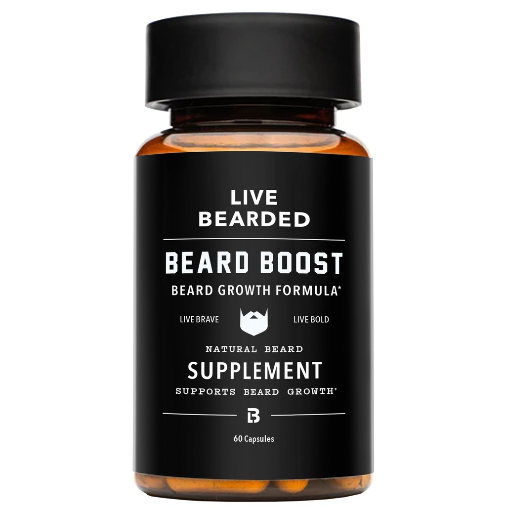 Na żywo Broda Boost - Beard Growth Vitamin dla mężczyzn z Biotin, Kolagen, Silica, Fo- Ti Root - Wzrost twarzy włosów dla mężczyzn, Made in USA 124; 30- Day Supply