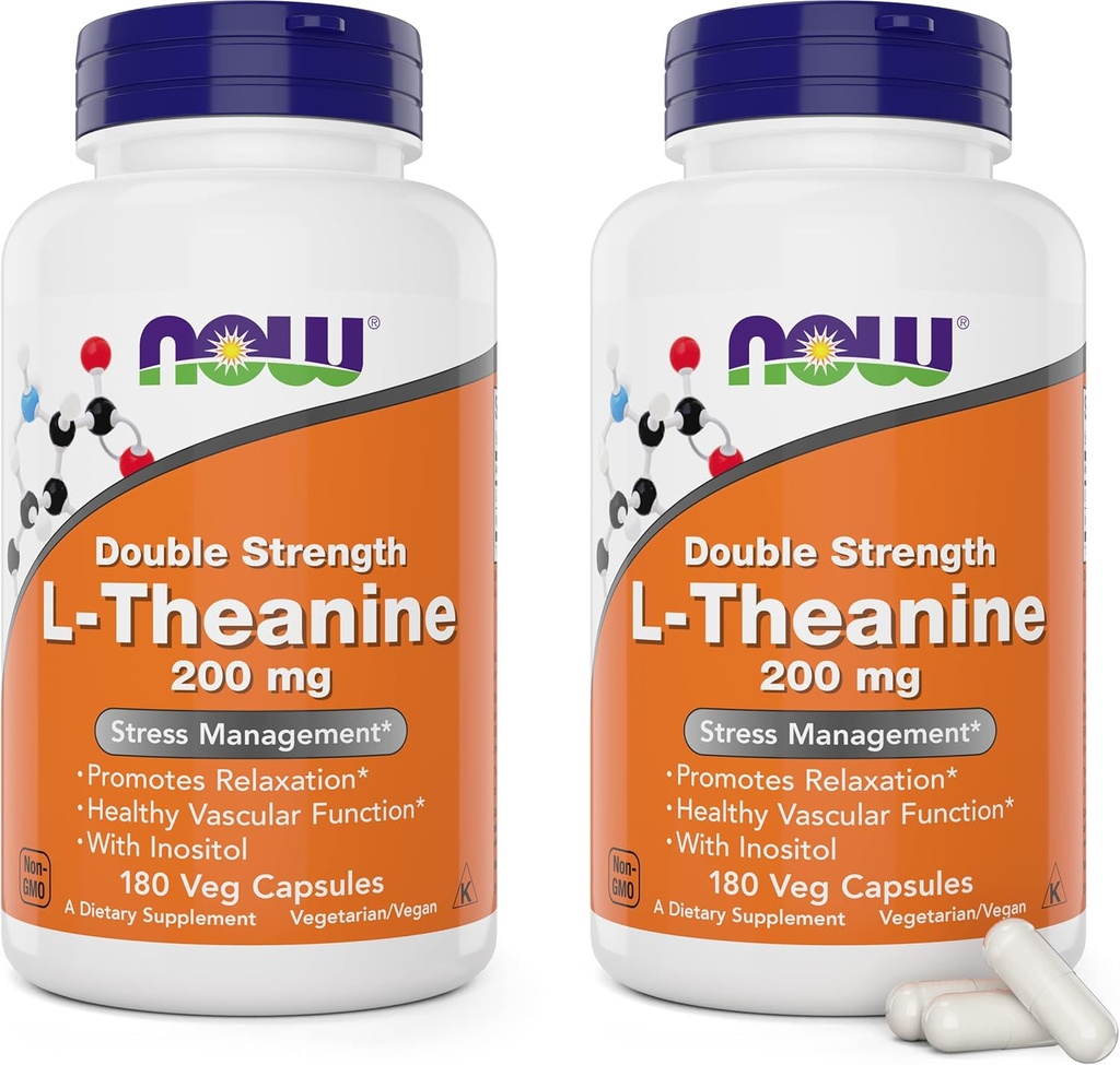 Teraz żywności L- Theanine, podwójna siła 200 mg na Cap - 180 Kapsułki Veg (Opakowanie 2) (360 Razem czapki) - Wzmocnione z 100mg Inozytol - Wegetarianin, Non-GMO - Ltheanine 200mg Suplement