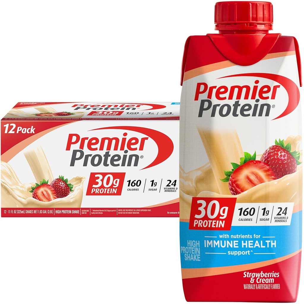 Premier Protein Shake, Truskawki i Śmietana, 30 g Protein, 11 fl oz, Opakowanie po 12 (Opakowania maja Vary)
