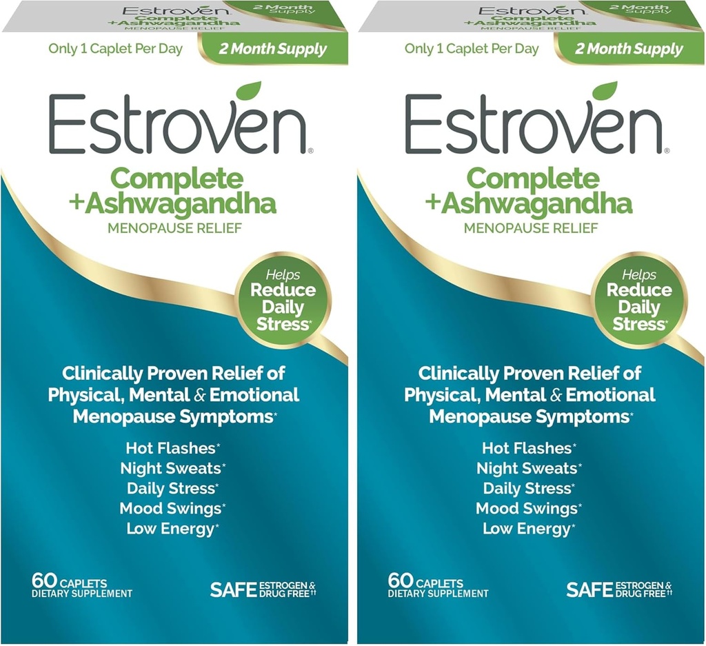 Estroven Complete + Ashwagandha Multi- Symptom Suplement do Menopauzy dla Kobiet - Poświadczone klinicznie składniki zapewniają menopauzę Relief & nocne poty + Hot Flash Relief * - 4 Miesiąc dostawy (Opakowanie 2)