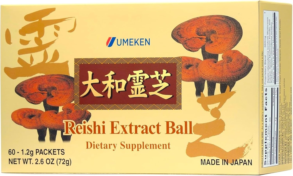 Umeken Reishi Mushroom Extract Balls, Skoncentrowane, Japoński Reishi Mushroom Supplement z Beta Glucan, Skoncentrowany w Format Ball, 2 Miesiąc dostaw, 60 Pakiety, Opakowanie 1