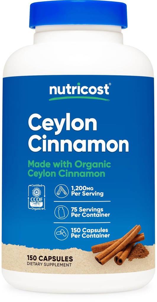 Nutricost Cynamon organiczny (Ceylon Cynamon) 1,200mg Podawanie, 150 Kapsułek - Bez glutenu, Non-GMO