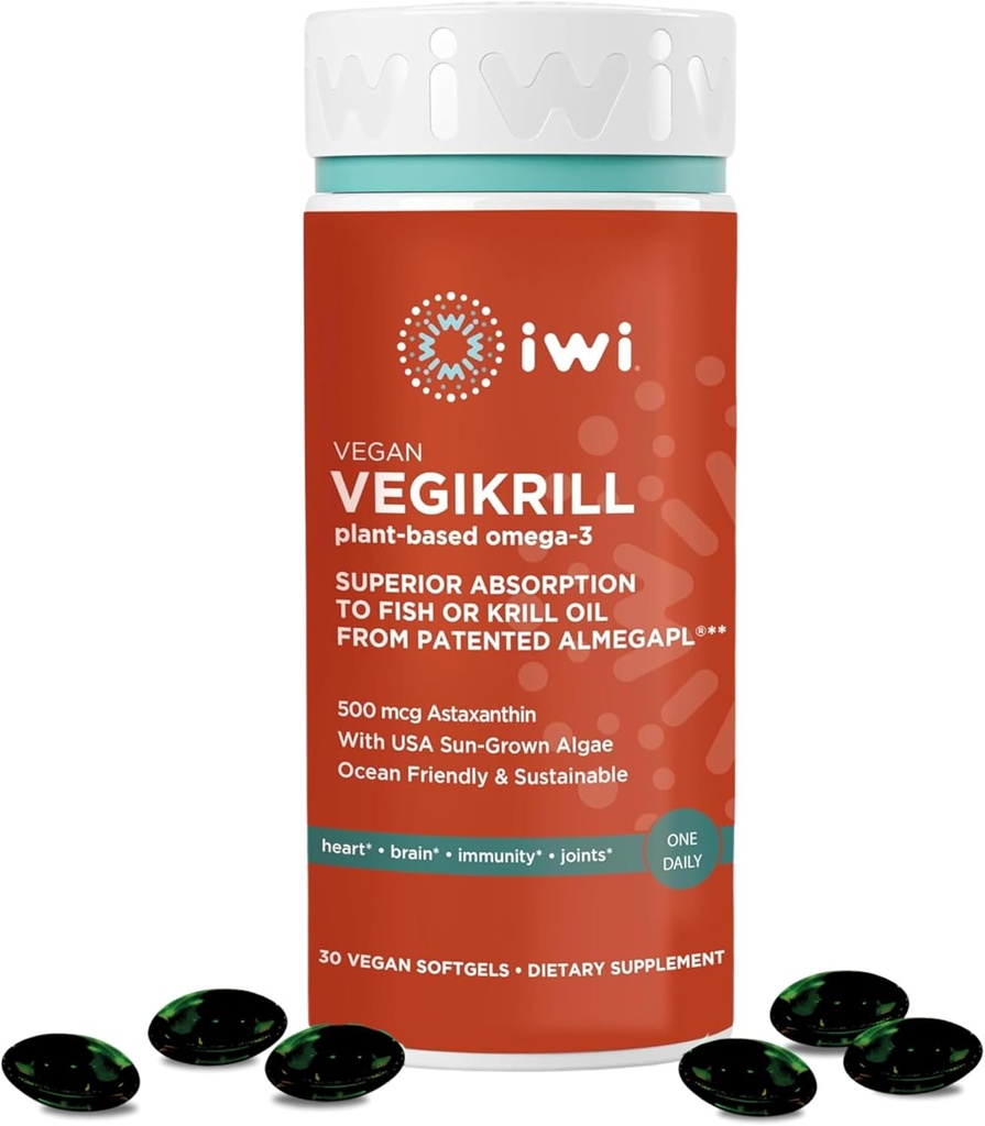 iwi Life Vegikrill Omega-3, 30 Softgels (30 Servings), Vegan, Plant- Based Algae Omega-3 z Astaksantyną, Body Supplement Dietetyczny, Kryll & Fish Oil Alternative, No Fishy Aftersmast