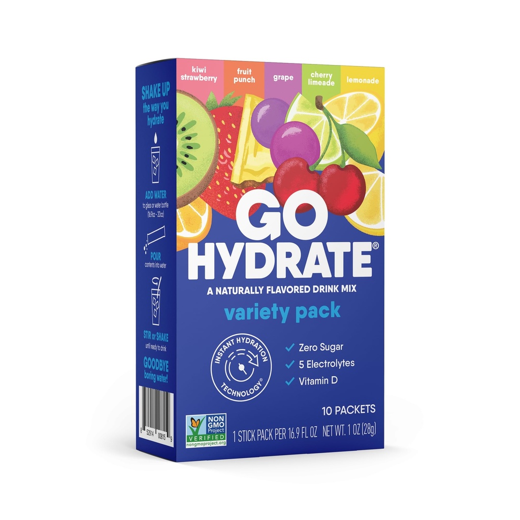 GoHydrate Instant Hydration Powder Pakiety - Niski poziom elektrolitów sodu Drink Mix - Naturalne wsparcie nawilżania, Bezcukrowy proszek Electrolyte Drink z witaminą D, 10 opakowań, Mieszane