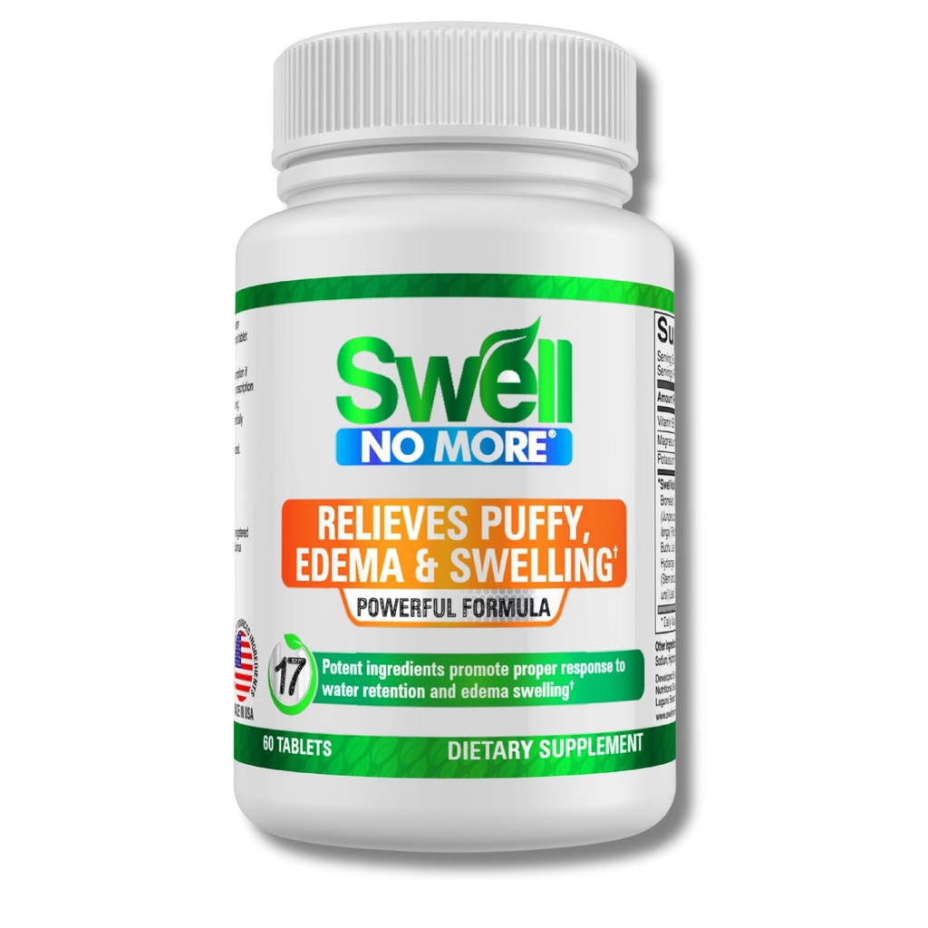 Supplement naturalny SwellNoMore zmniejsza zatrzymywanie wody, wzdęcia, puszyste oczy, opuchnięte stopy, opuchnięte nogi, opuchnięte kostki i inne rodzaje Edema & opuchlizna, Szybko i naturalnie -1 butelka (1 miesiąc dostaw)