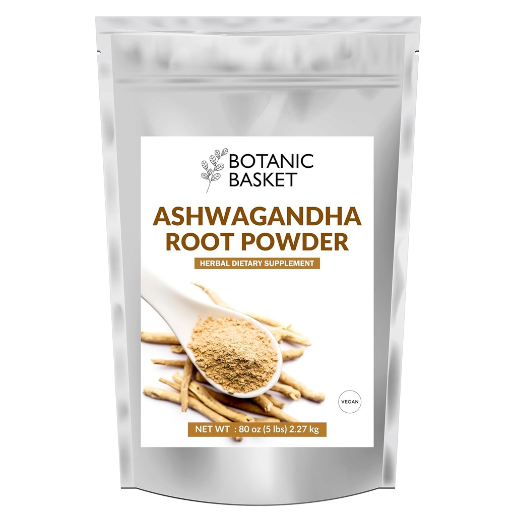 Botaniczny Basket Ashwagandha Proszek korzenny 5 funt, No Filler, Brak dodatków, Wysoko Oczyszczony Filtr 124; Aktywne Withanolides, No GMO, Gluten Free