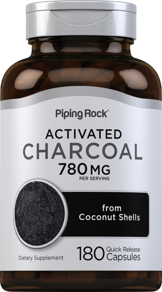 Piping Rock Activated Charcoal Pills: 124; 780 mg: 124; 180 Kapsułek: 124; z łusek kokosowych: 124; Non- GMO, Gluten