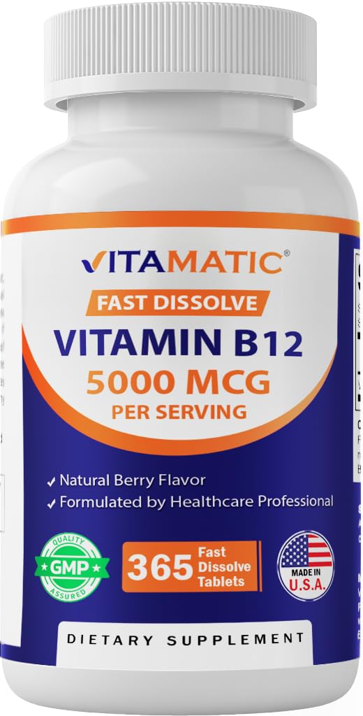 Witamina Witamina Witamina B12 5000 µg - 365 Szybkie rozpuszczenie tabletek Smak Berry - Wspomaga wytwarzanie energii i system nerwowy Zdrowie - Nie-GMO, Gluten- Free