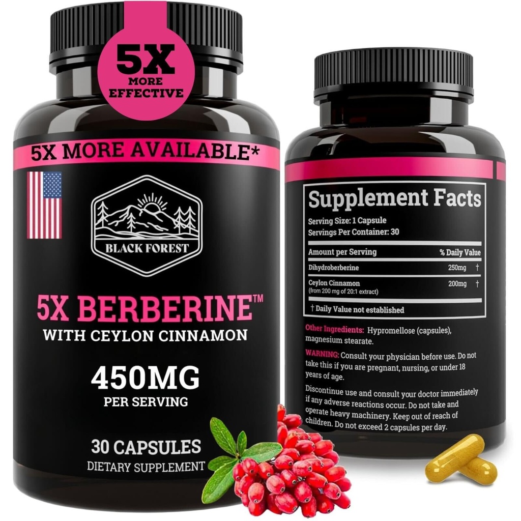 Black Forest 5X Berberine a Dihydroberberine Supplement (Super Berberine Now 5X More Effective than Regular Berberine HCL) Best Dihydroberberine with Ceylon Cynamon - Podobne do Berberine Phytosome