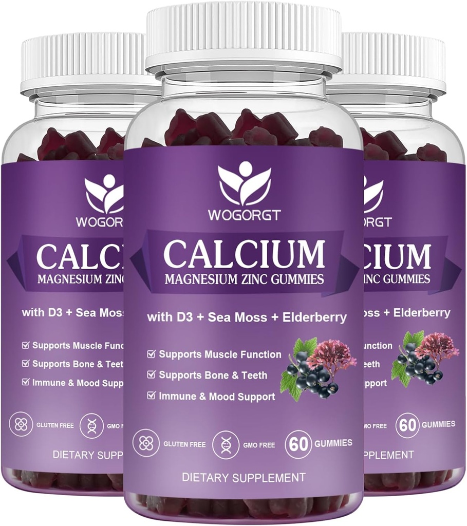 Gumie cynku wapnia z witaminą D3 - Wysoka absorpcja Kompleks wapnia z mech morskich, Elderberry dla kości, Mięśnie, Immune, Mood & Sleep Support, Wegan - 60 Gummies (3 Pack)