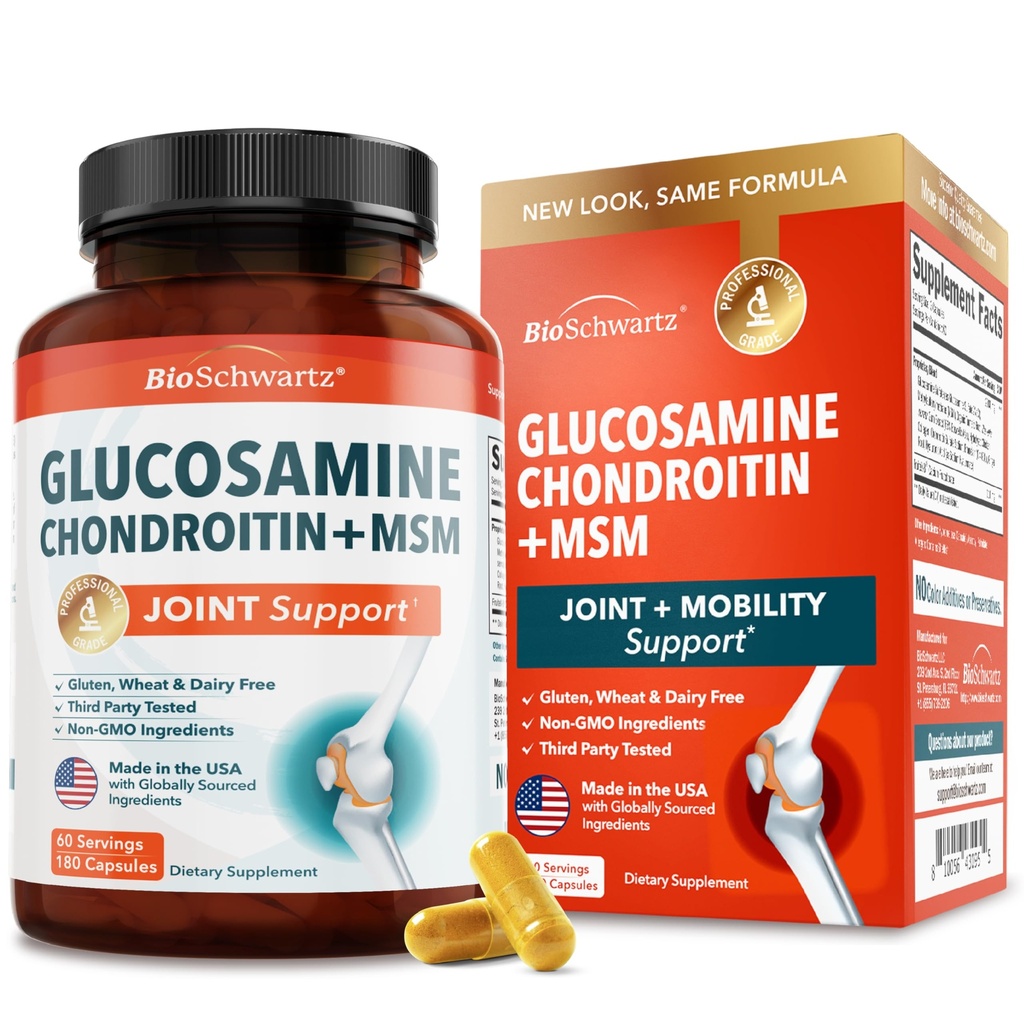 Glukozamina Chondroitin MSM Joint Supplement Supplement - Colagen Peptydes, Turmeric and Ginger, Kwas hialuronowy, Glukozamina Chondroitin Sulfat for Joint Comfort - Gluten Free, Non GMO, 180 kapsułki