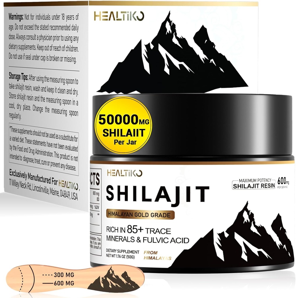 Shilajit Resin, Himalayan Shilajit Organic - 600mg Potency Gold Grade, Shilajit dla mężczyzn i kobiet z 85 + Ślad minerałów i kwasu Fulvic, dla energii, odporności i siły, 83 Podawanie (50g)