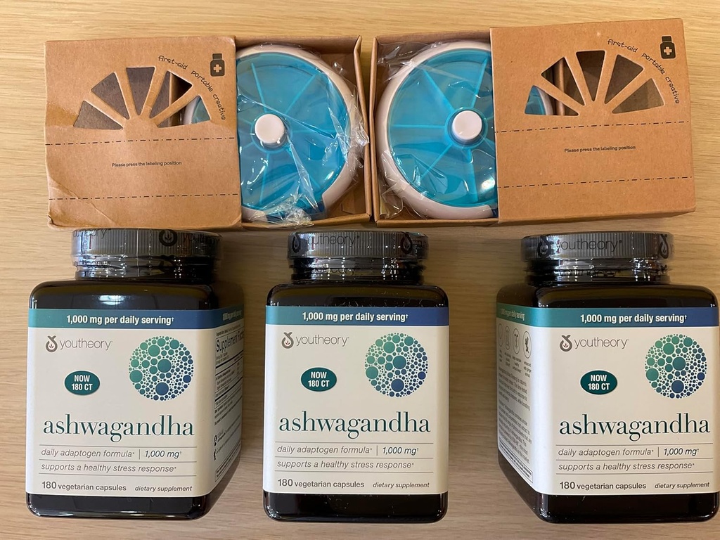 Youtheory Ashwagandha 1000mg z KSM- 66 - Pomaga wspierać zdrową reakcję na stres, 180 Kapsułek (Opakowanie 3) i 2 Pill Orgnizer