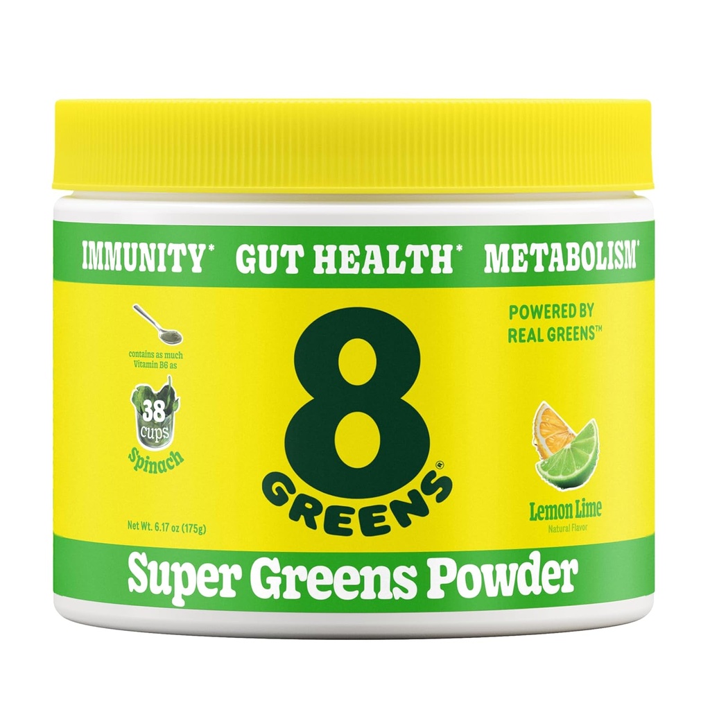 8Zieloni Super Zielone Proszek Pigment 124; Prebiotyczne i Probiotyczne mieszanki dla Gut zdrowia, Metabolizm, Debloating, z włóknem, Enzymy trawienne, Organiczne: Spirulina, Chlorella, Lemon Lime, 25 Służenie