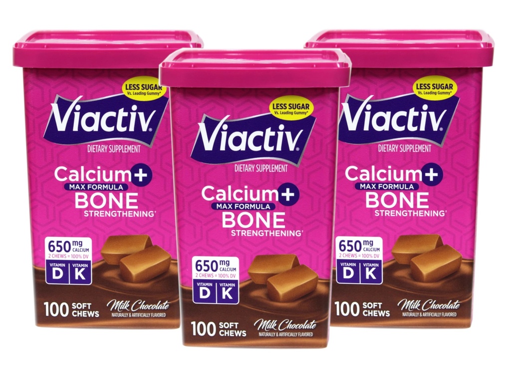 Viactiv Max Formuła Wapnia + witamina D3 Suplement dla zdrowia kości Mleko Czekolada, 100 Miękkie żucia - 3 opakowania