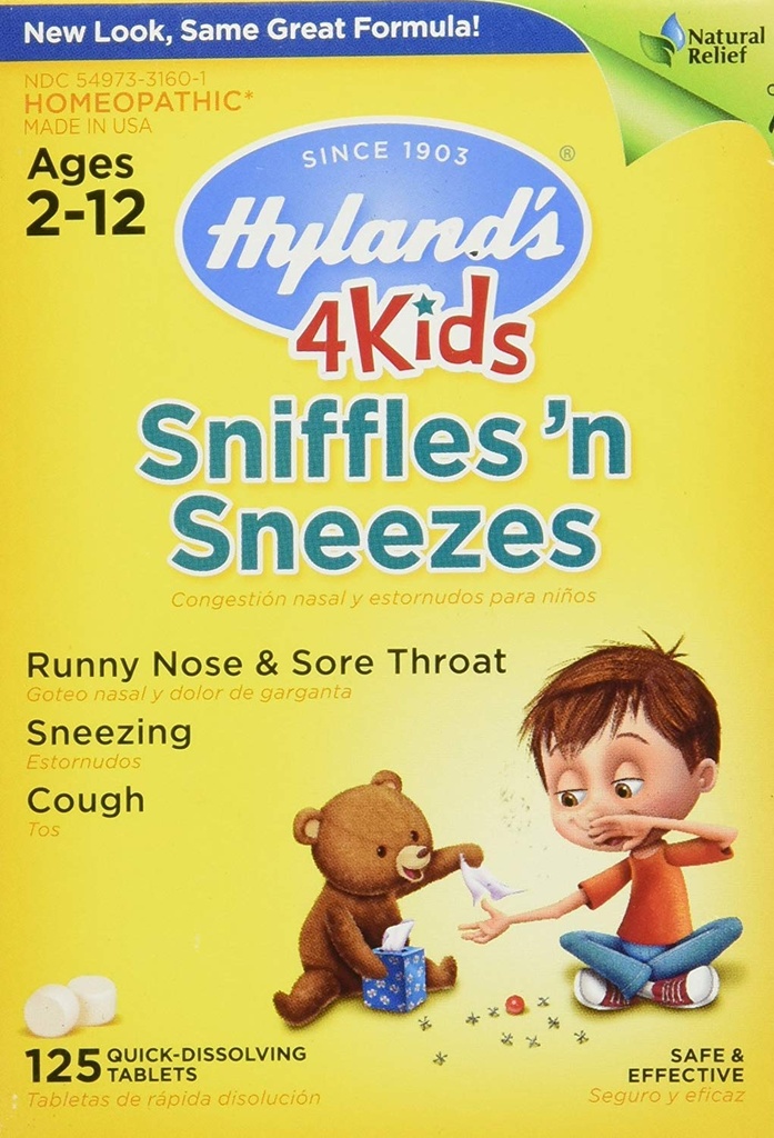 Cynk dla dzieci w wieku 2 +, Cold Medicine Tablets, Hyland 's 4 Kids Sniffles n' Sneezes, Decongestant, Ból głowy i Sinus Relief, Natural Treatment for Allergy and Common Cold Symphons, 125 Count
