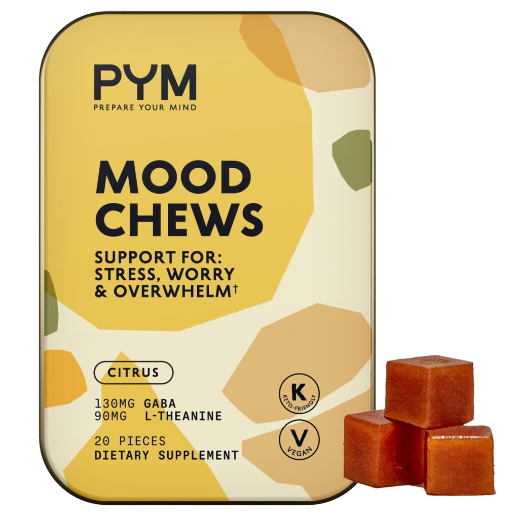 PYM Citrus Mood Chews Support for Stress, Worry & Overdubm, 20 Hrabia 124; 130mg GABA, 90mg L- Theanine Bilans 124; Wegan, Non-GMO, Gluten- Free, Nie dodano cukru 124; All- Natural Mood Balance Supplement Made in USA