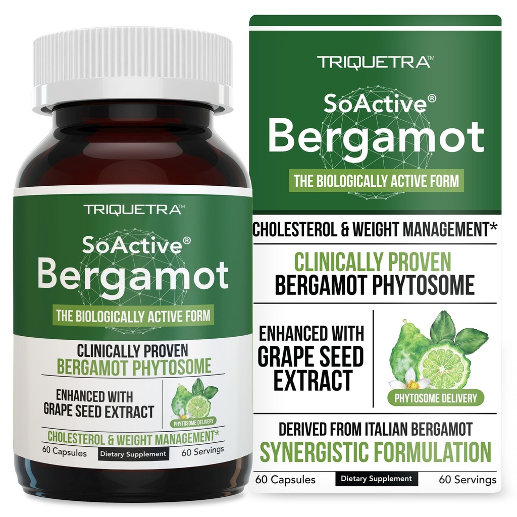SoActive Bergamot: 2.5X Bardziej skuteczne, Włoski Citrus Bergamot Phytosome - Klinicznie zwalidowane 124; Wzmocniony ekstraktem z nasion winorośli - Wspiera Cholesterol & Weight Management (60 kapsułki)