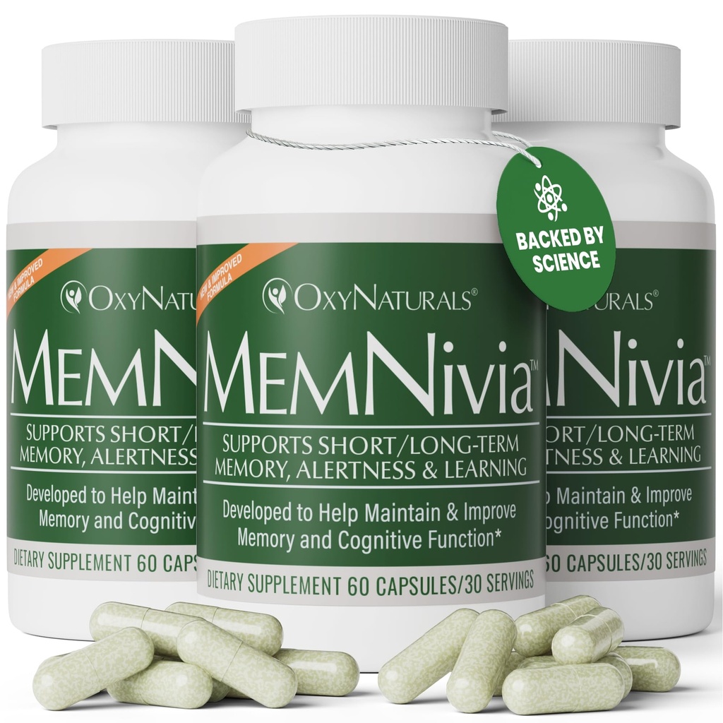 MemNivia Brain Supplements for Memory & Focus Remory 124; Dual- Sage Stem Cell Formula z Cognivia ®, Bacopa, Święty Basil & Ginger Remote 124; Clinically Proven Mental Clarity Support 124; 180 Kapsułki (3 butelki)