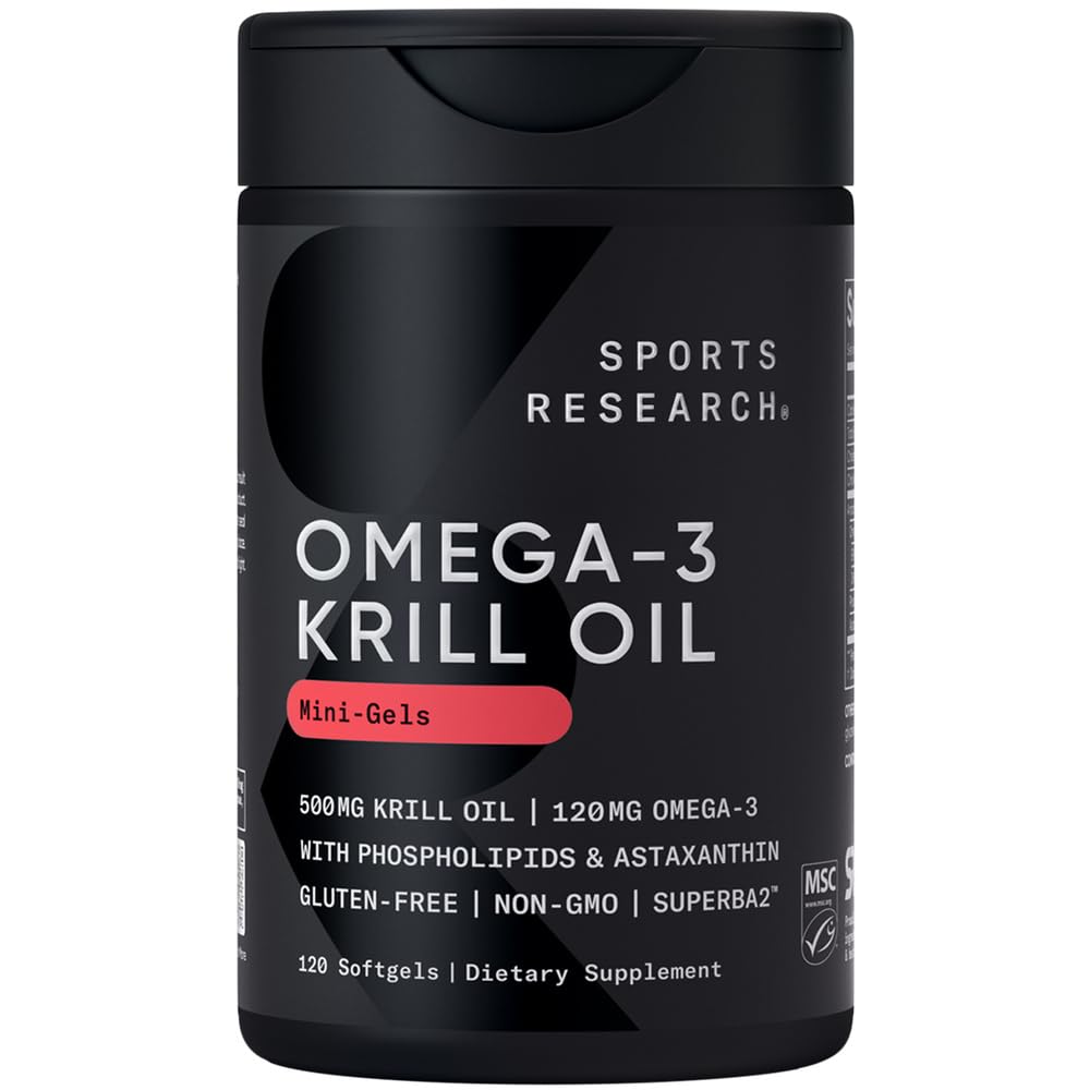 Sports Research Krill Oil Supplement with EPA & DHA Omega 3, Fosholipids & Astaxanthin from Antarktyka - Najwyższe stężenie oleju z kryla dla mężczyzn i kobiet - 500mg, 120 Softgel kapsułki