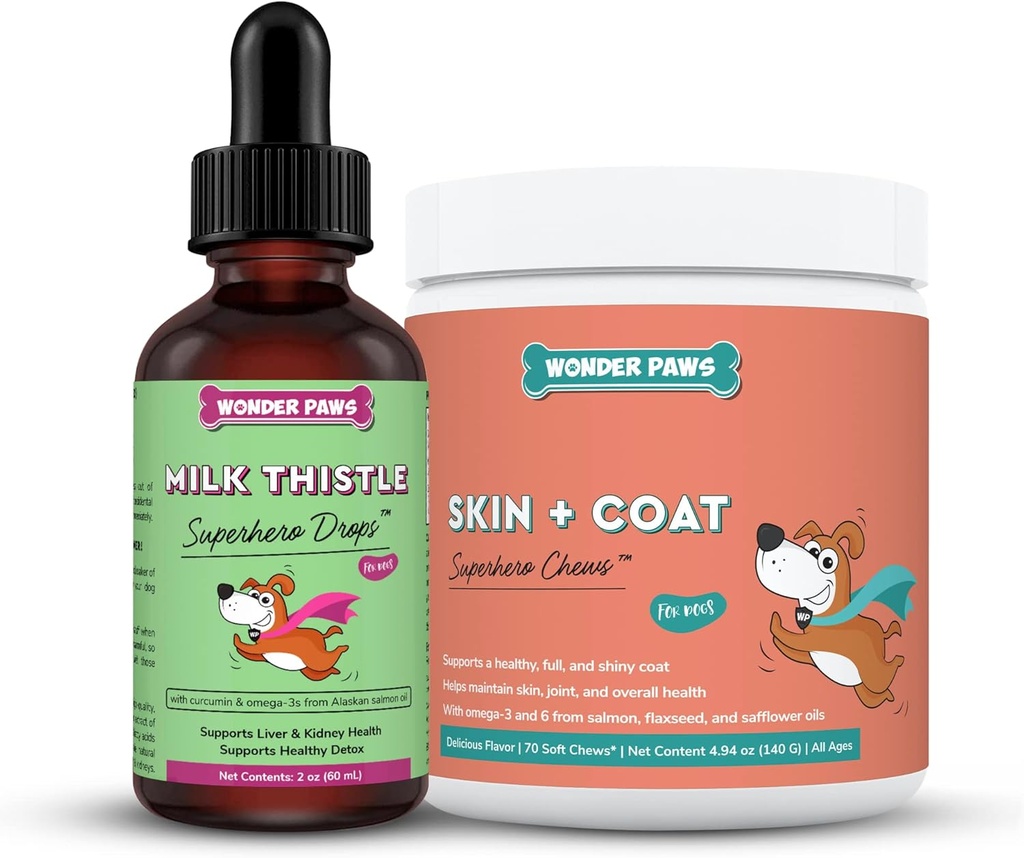 WONDER PAWS Mleko cieście krople Plus skóra + płaszcz miękkie żucia - dla psów Wątroba i Nerki Wsparcie, Detox i skóry i płaszcz Zdrowie - Mleko cieście 2 uncje - Skóra + Coat 70 żuć