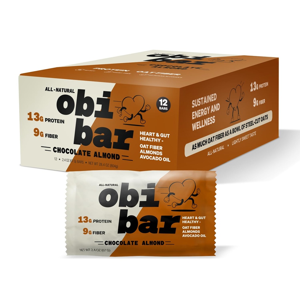 Obi Bar Chocolate Almond - Protein and Oat Fiber Bar Xi124; All- Natural Xion 124; Trwała Energia 124; Lekko Słodki Smak Xion124; 100% Cocoa, Almond Chunks Xion124; MADE Z AVOCADO OIL Xion124; Białko jaja Xion124; Wolne od soi, bezcukrowego alkoholu, No Seed Oils Xion124; 2.4oz, 12 Pack