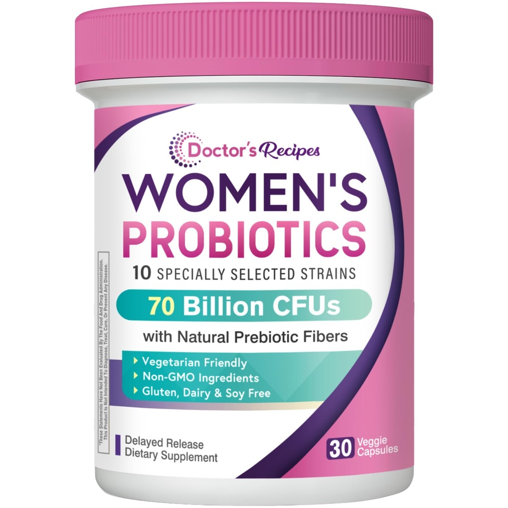 Doctor's Recipes Probiotics for Women, Organic Prebiotics and Probiotics, 70 Billion CFU, 10 Strains, Shelf Stable, 30 Capsules