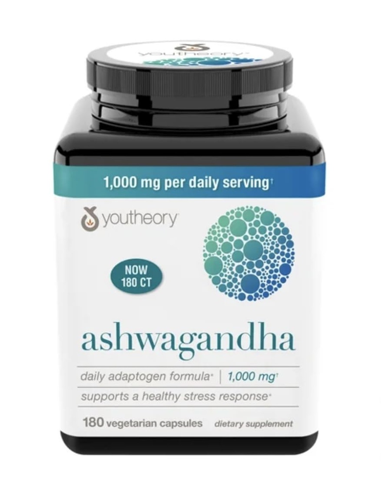 Youtheory Ashwagandha 1000mg z KSM- 66 - Pomaga wspierać zdrową reakcję na stres, 180 kapsułek (opakowanie 1)