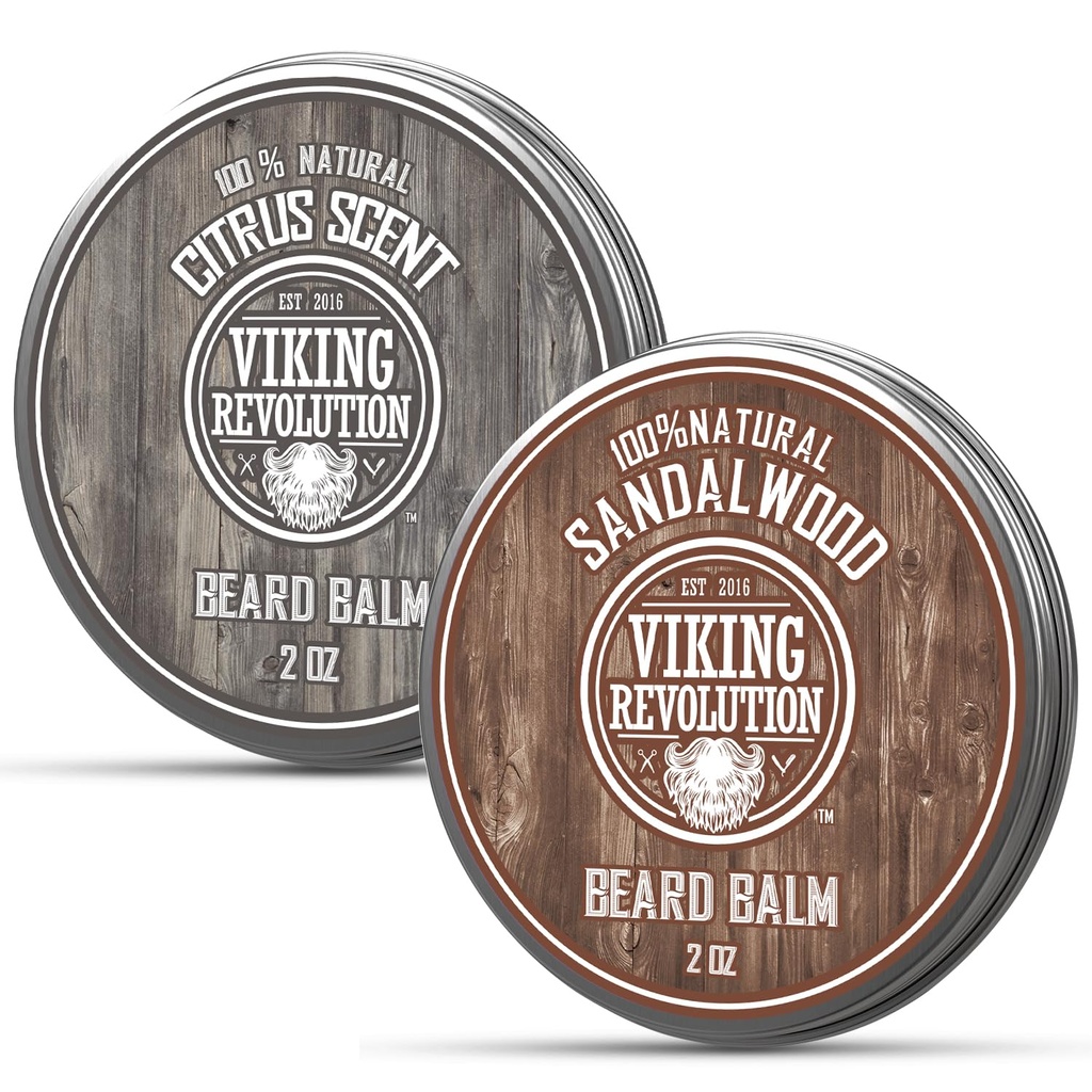 Viking Revolution Citrus i Sandalwood Beard Balm - masło z oleju arganowego, softener z oleju Jojoba, nawilżacz z wosku pszczelego - wosk dla mężczyzn z masłem mango (2oz, 2 pack)