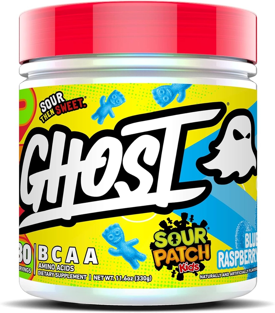 GHOST BCAA proszek aminokwasy suplement, Sour Patch Kids Blue Malina - 30 Służenia - Sugarfree Intra, Post & Pre Workout Amino Proszek & Napoje, 7G BCAA