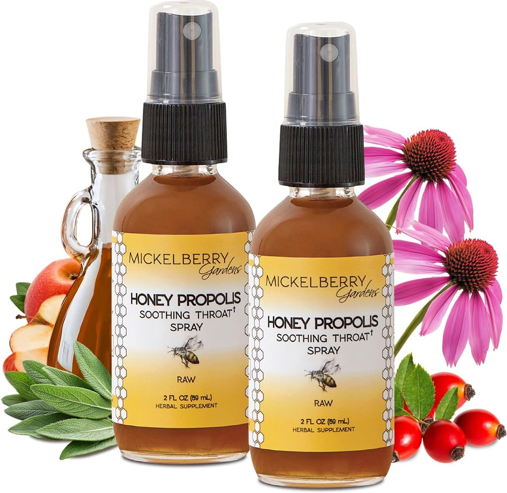 Mickelberry Gardens Honey Propolis Throat Spray - Soothing Sore Throat Relief & Propolis Immune Support dla dorosłych i dzieci - Herbal & Honey Formula (2 oz, 2 Pack)