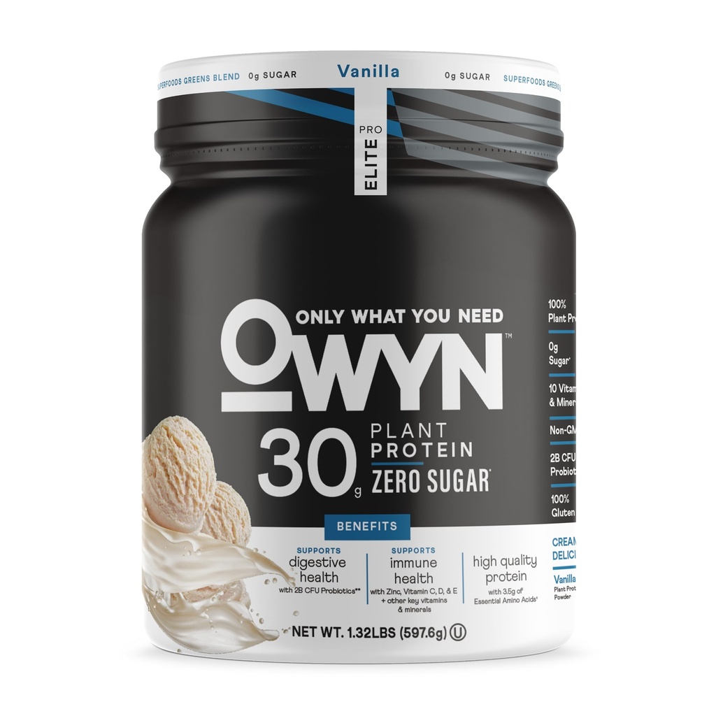 OWYN Only What You Need Pro Elite High Protein Powder, 30g Vegan Protein for Workout Recovery, Delicious Smooth Taste, Zero Sugar, Low Net Carbs, Vanilla, 12 Służenia (1.32 LB)