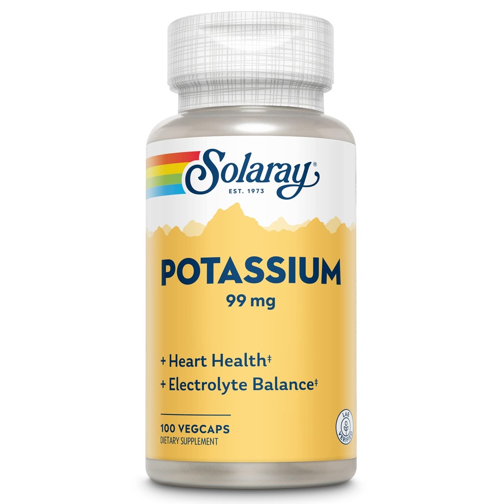 Solaray Potasu 99 mg - Electrolyte Balance Formula - Suplement potasu dla elektrolitów, Wegetariańskie i Heart Health Support - 60- Day Money Back Guarantee, Laboratorium zweryfikowane, 100 Służenia, 100 VegCaps